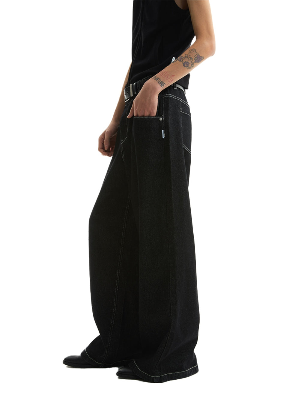 FUNKYFUN Open Stitch Loose Straight Jeans