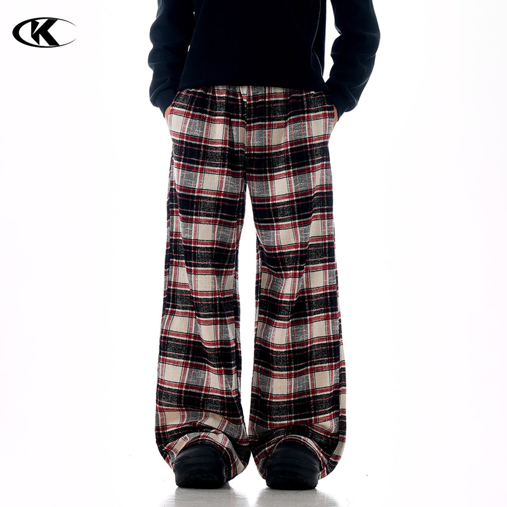 11KN Color-blocked Red Checkered Drawstring Straight-leg Slacks