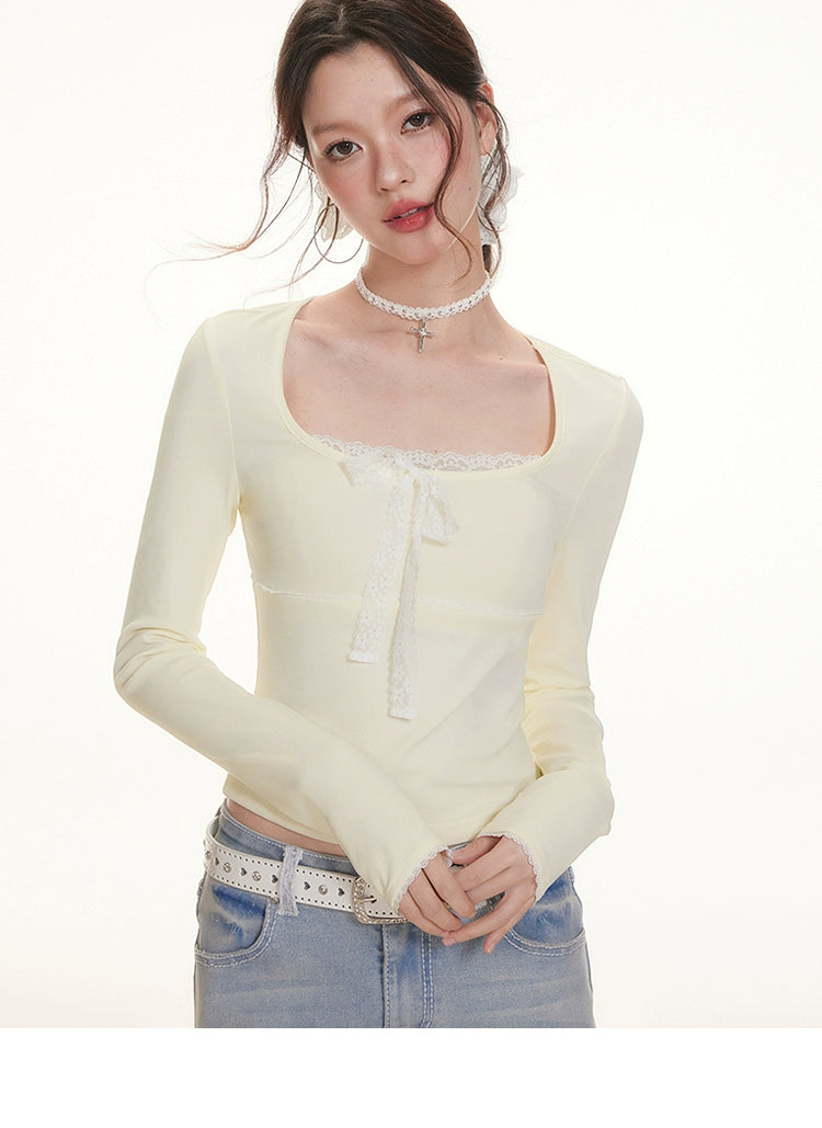 Imone Lace Splicing Bow Strap Square Neck Long Sleeve