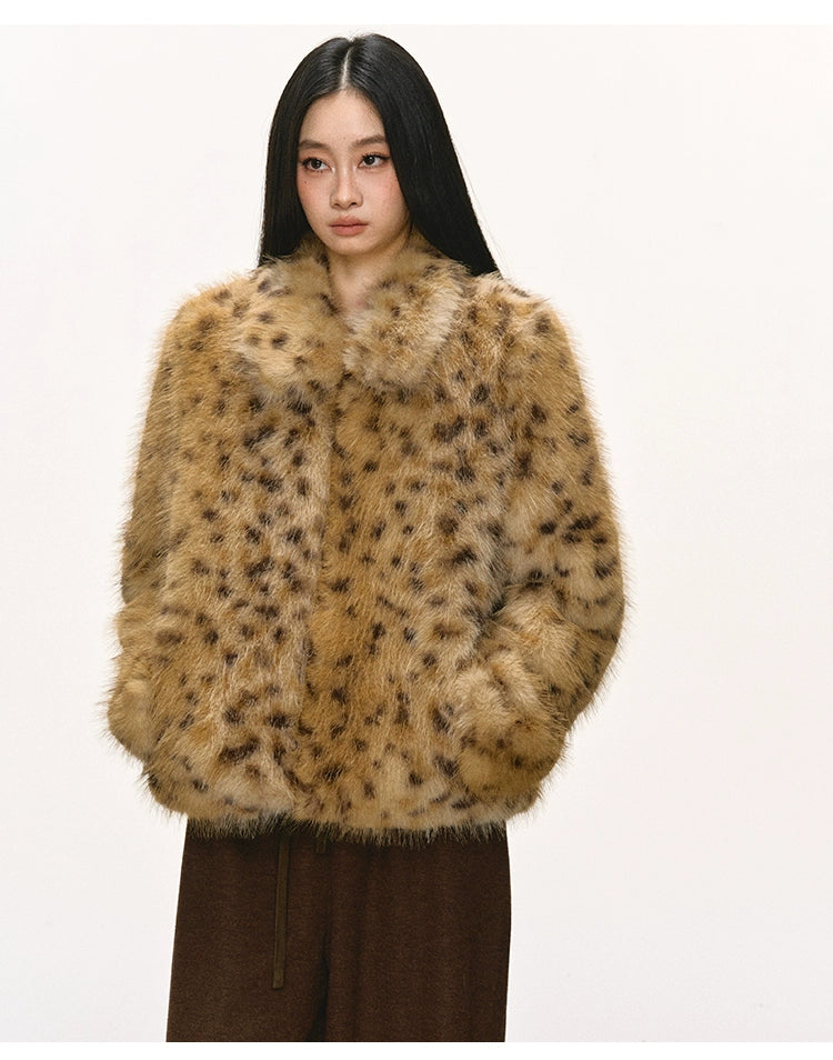 Anna Aneae Leopard Print Premium Lapel Thickened Short Fluffy Jacket
