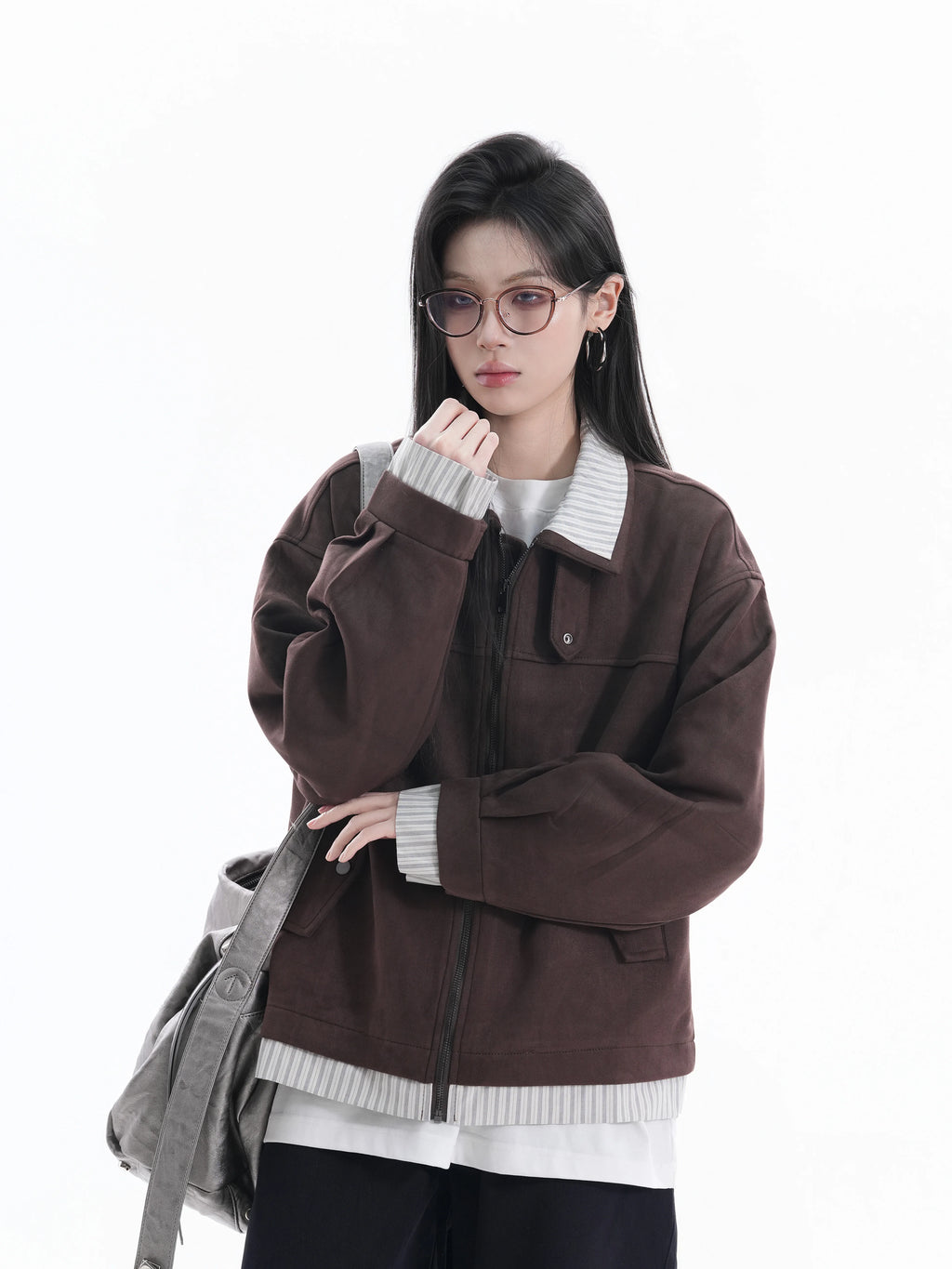 Zuocisankon Vintage Suede Face Splicing Fake Two-piece Jacket