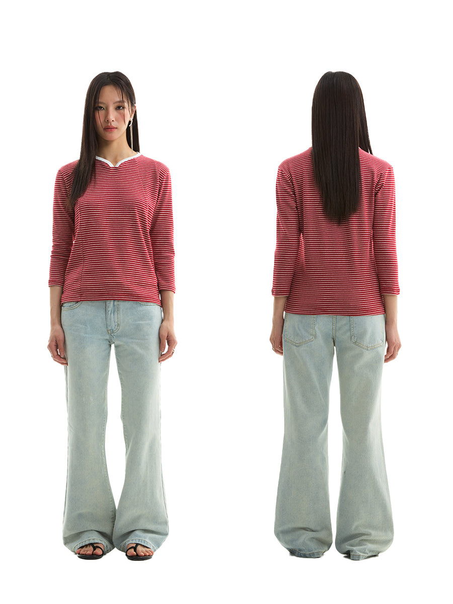 FUNKYFUN Pinstripe Hemming Curved Neckline T-shirt