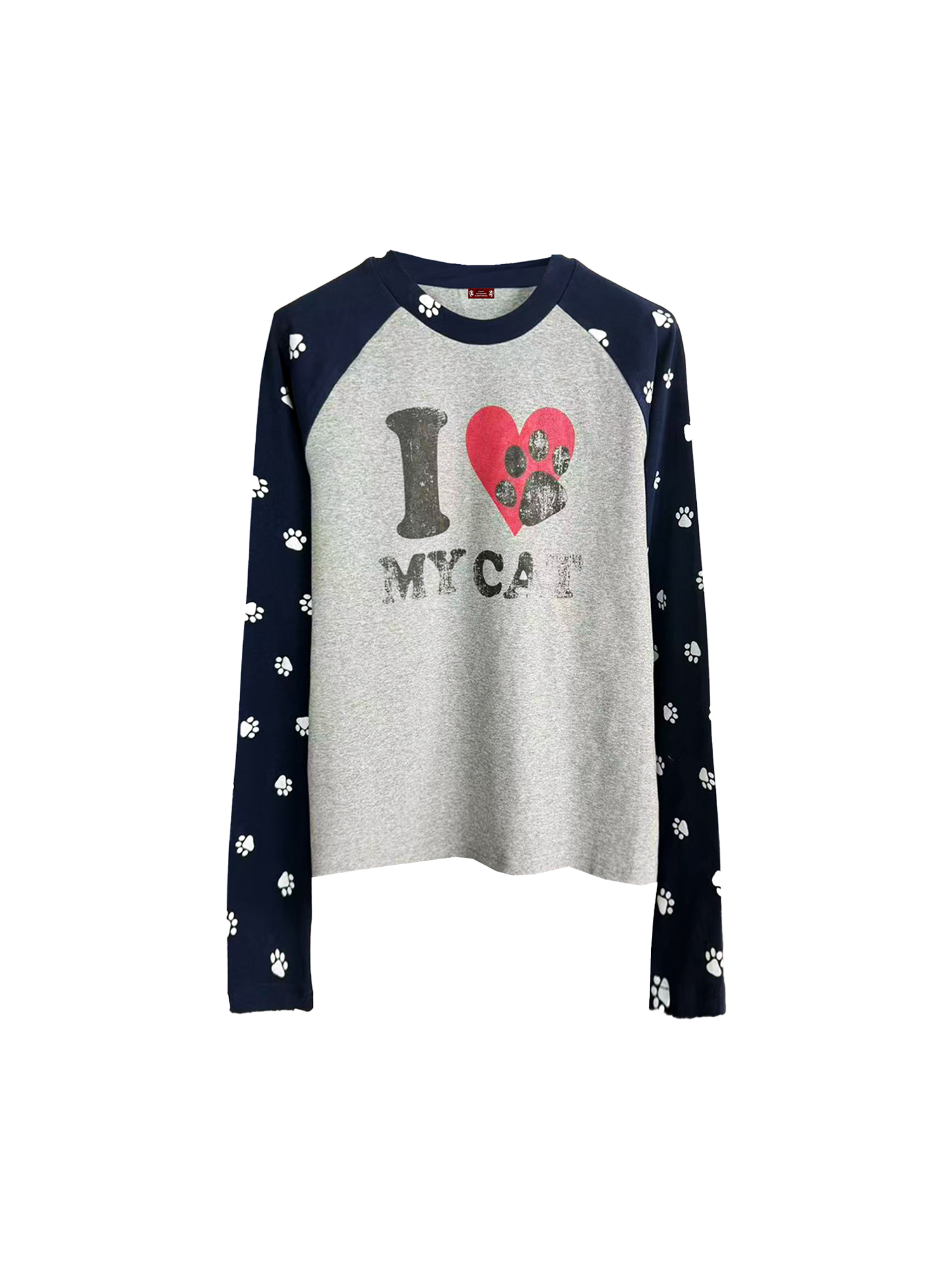 DETW Love Cat Print Splicing Round Neck Long Sleeve