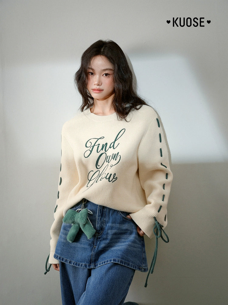 Kuose Bow Design Sense Embroidered Long Sleeve Knit