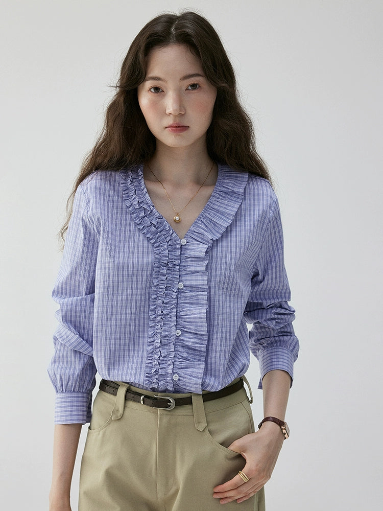 VOOE Fungus Edge V-Neck Checked Shirt