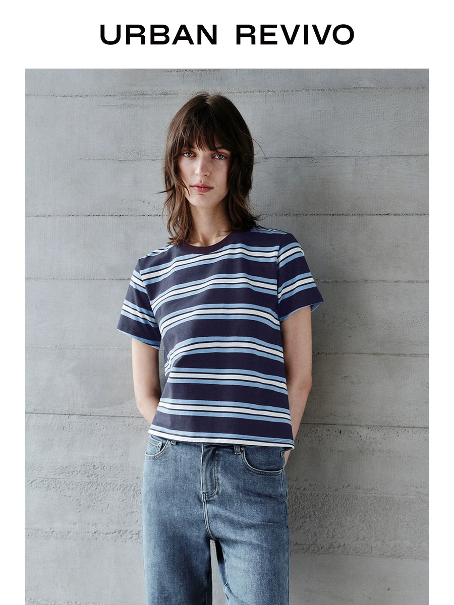 URBAN REVIVO Casual Contrasting Striped Crew Neck Tee