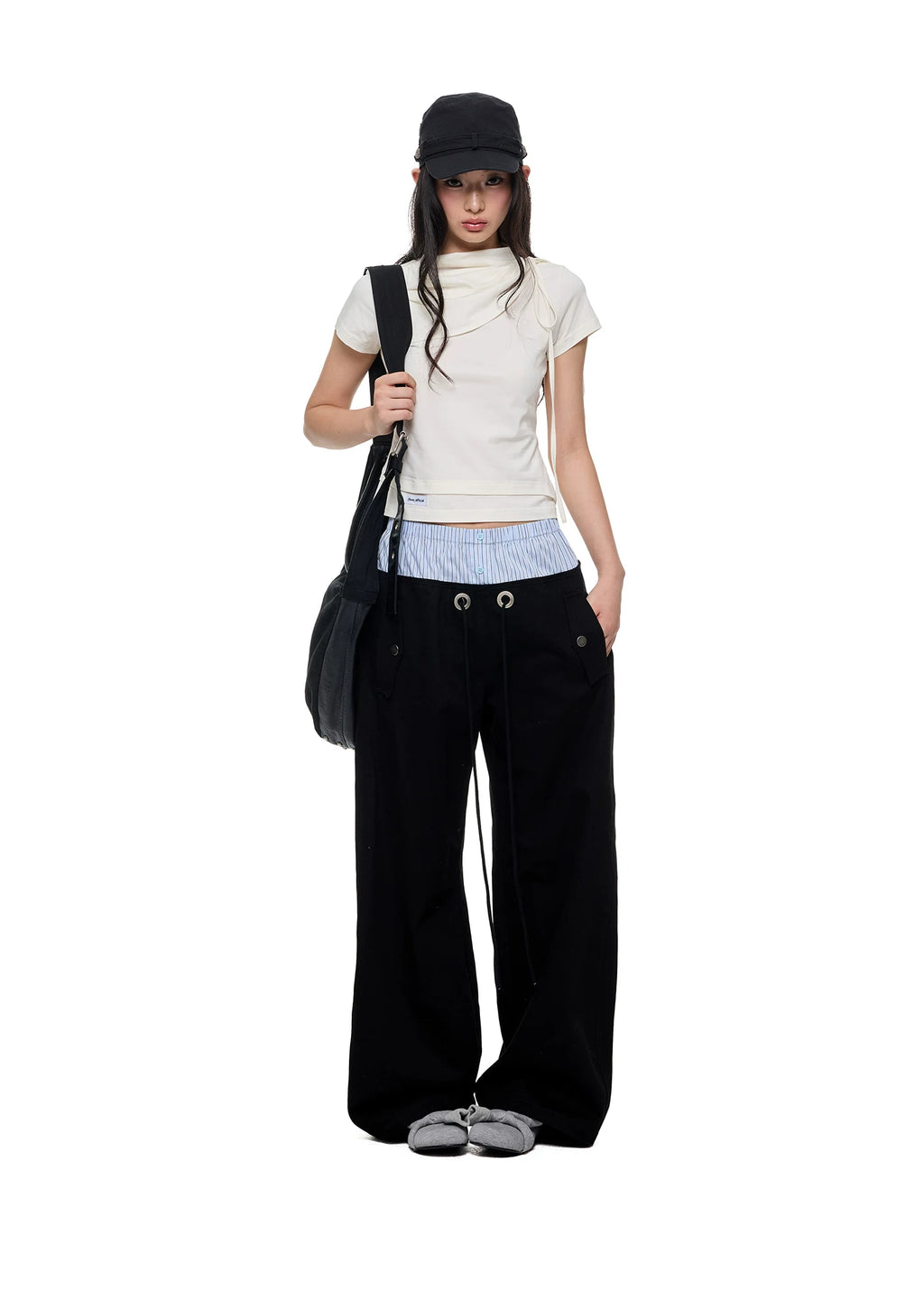 JIKOO Striped Patchwork Waistband Drawstring Work Pants