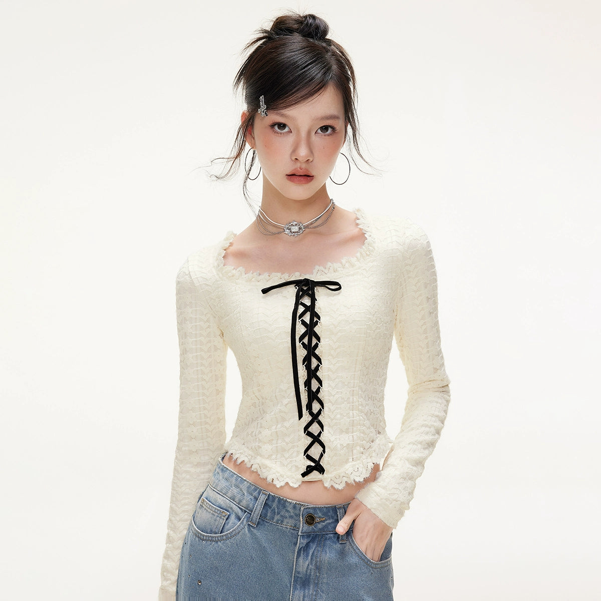 IMONE Velvet Strap Lace Square Collar Long Sleeve