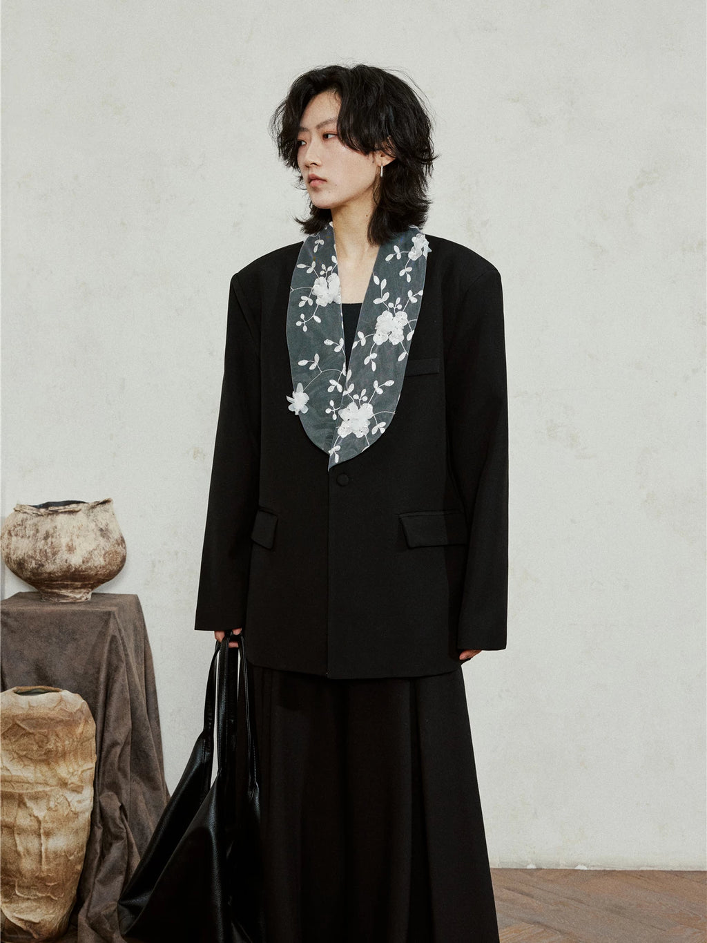 SUNYVONNE Flower Lace Collar Spliced Blazer