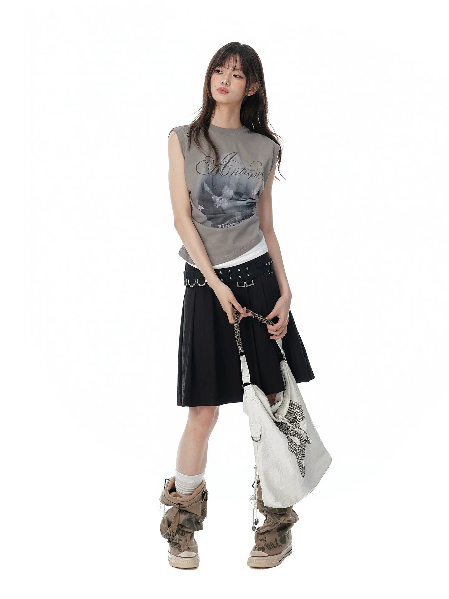JIKOO Printed Asymmetrical Fake Two-piece Vest