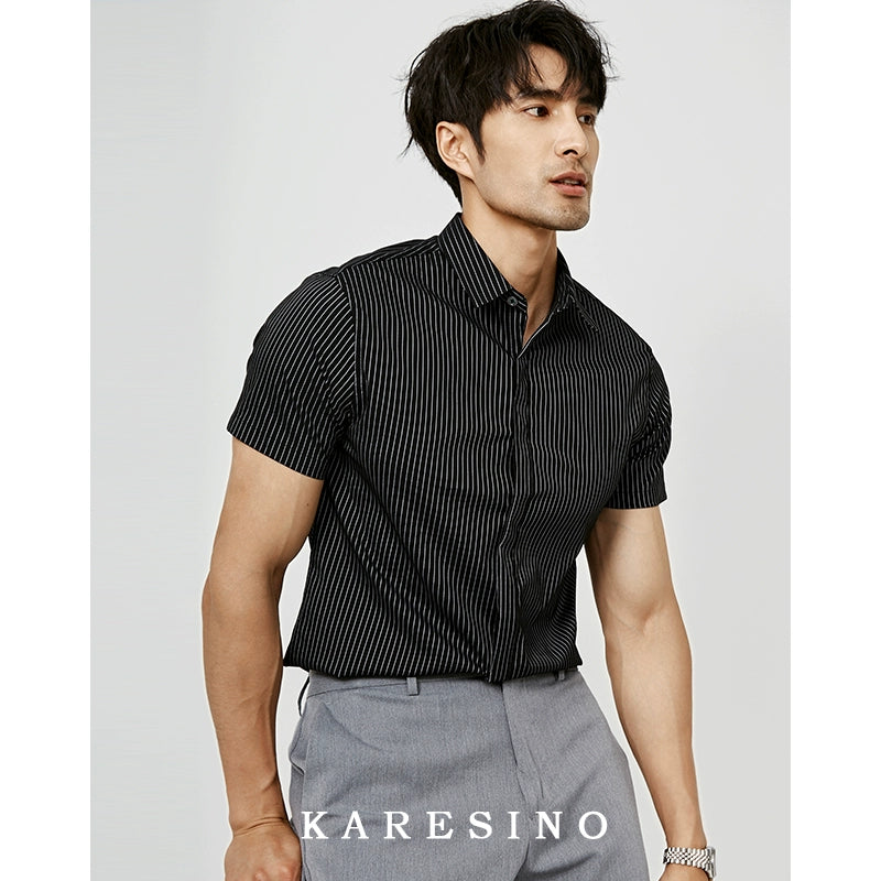 KARESINO Slim Fit Ice Silk Casual Striped Short Sleeve Shirt