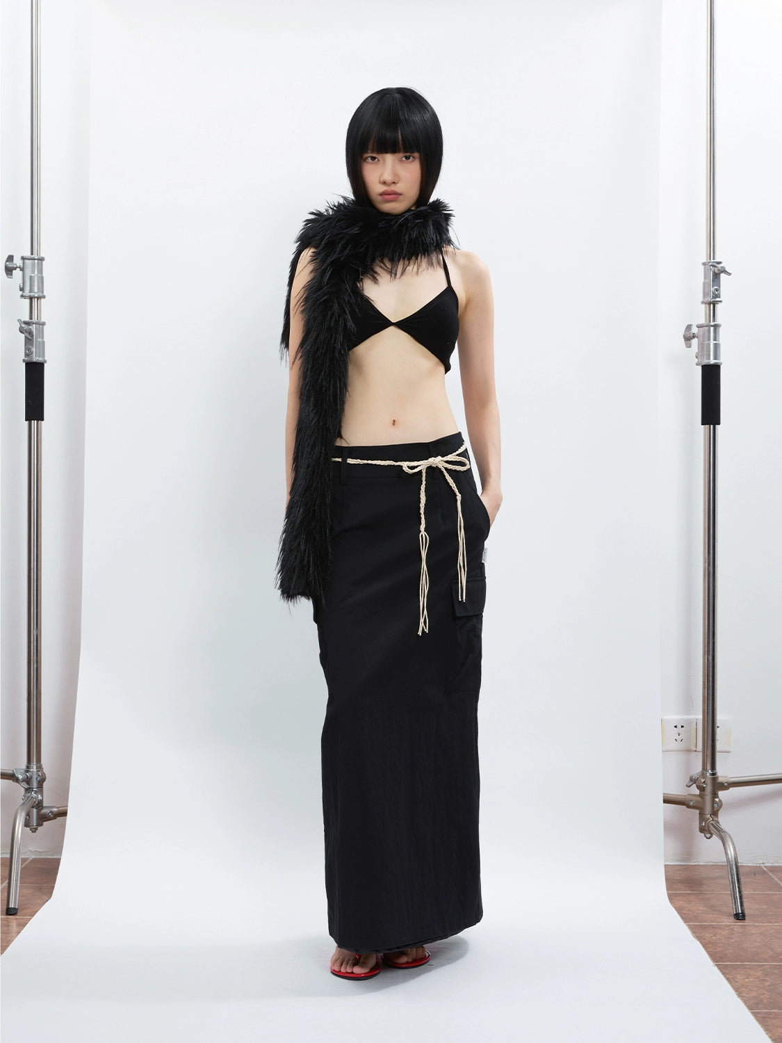 FUNKYFUN Silhouette Twill Tooling Woven Waist Rope Long Skirt