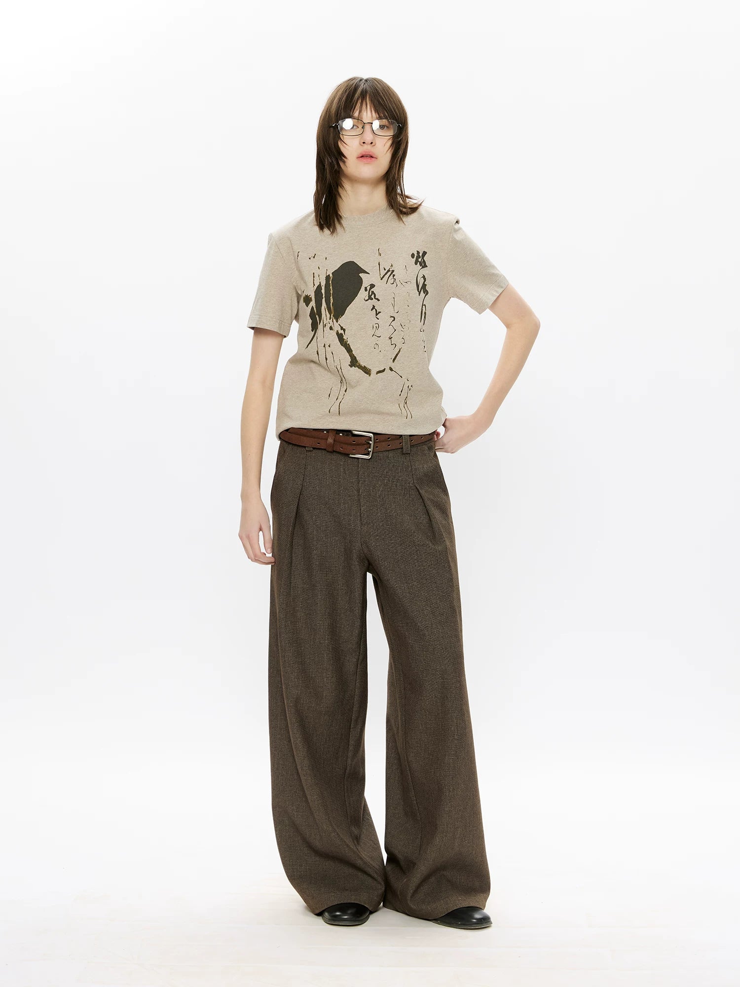 KREATE Wool Thousand Bird Grid Dark Pattern Pleated A-word Trousers