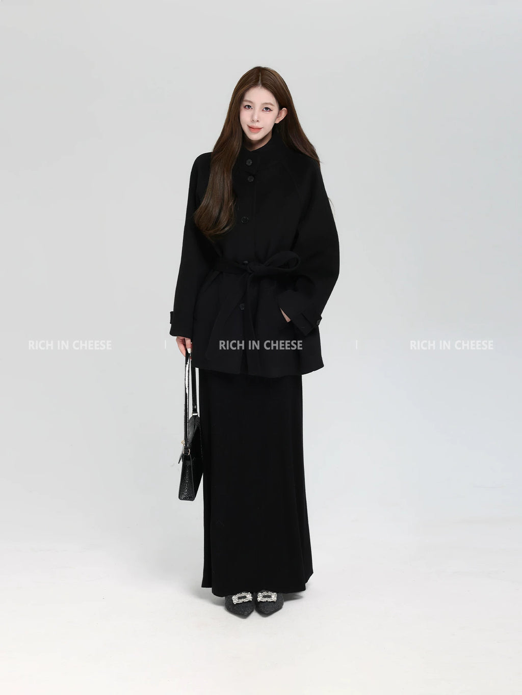 RICH IN CHEESE Premium Sense Stand-Up Neck Lace-Up Waist Wool Jacket