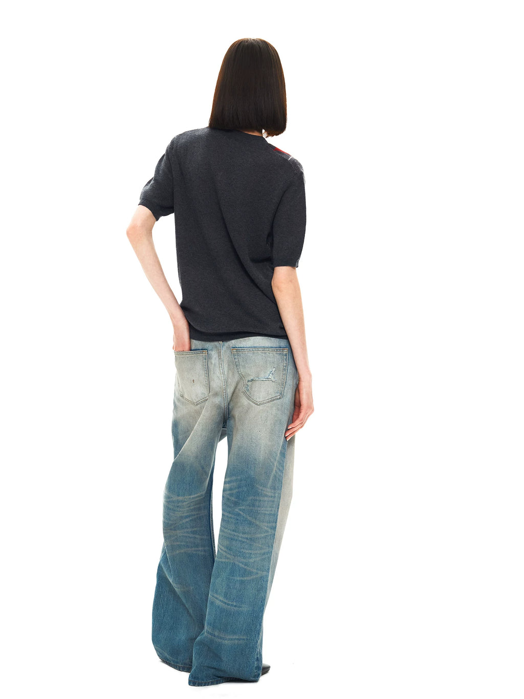 Slight Vogue Ripped Splicing Old Spray Embroidered Straight Jeans