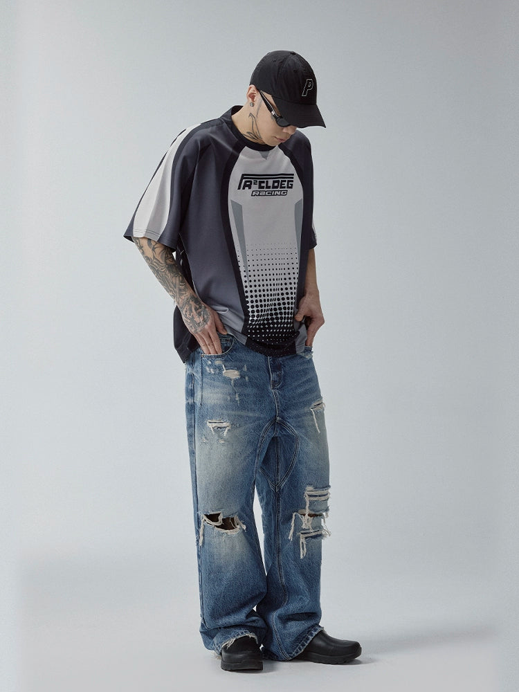 F2CE Retro Casual Splicing Printed Jersey Tee