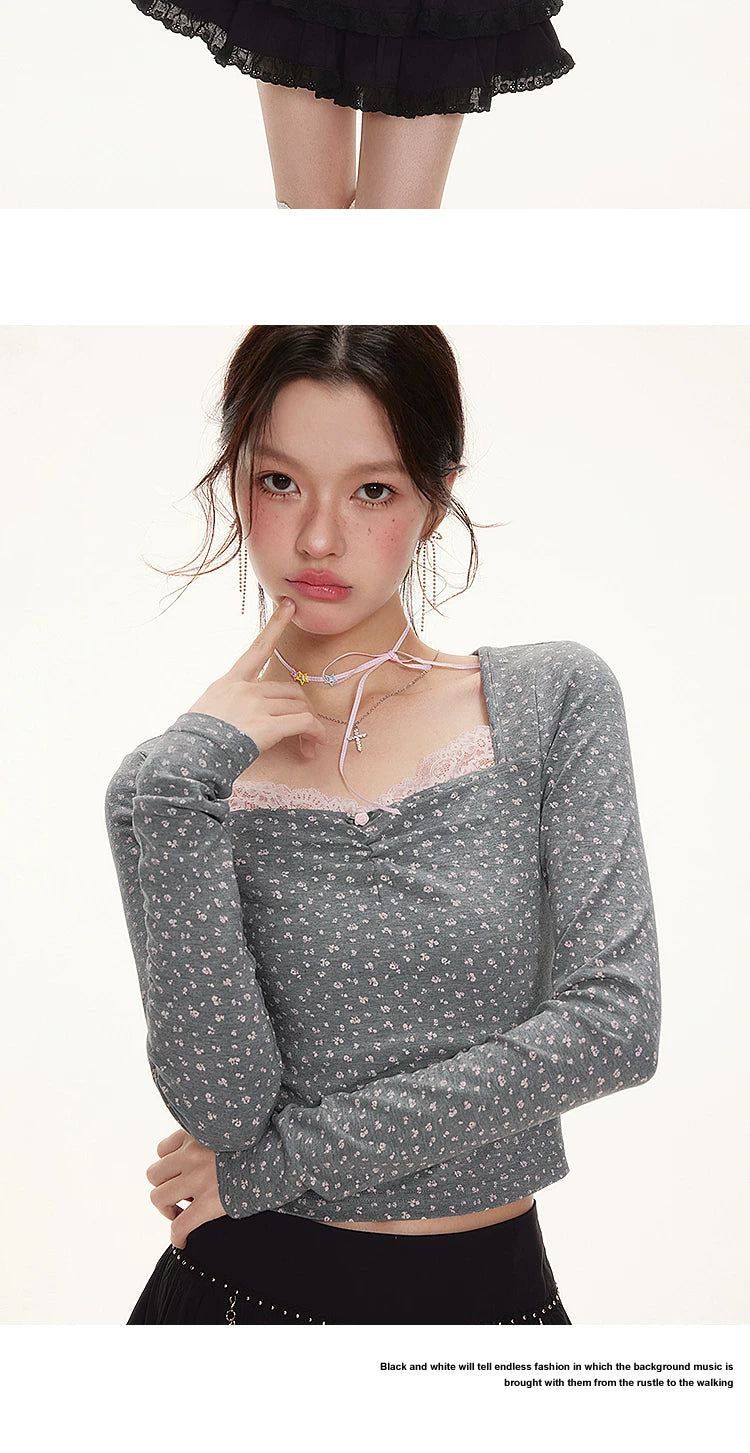 IMONE Vintage Contrast Lace Square Neck Floral Tee