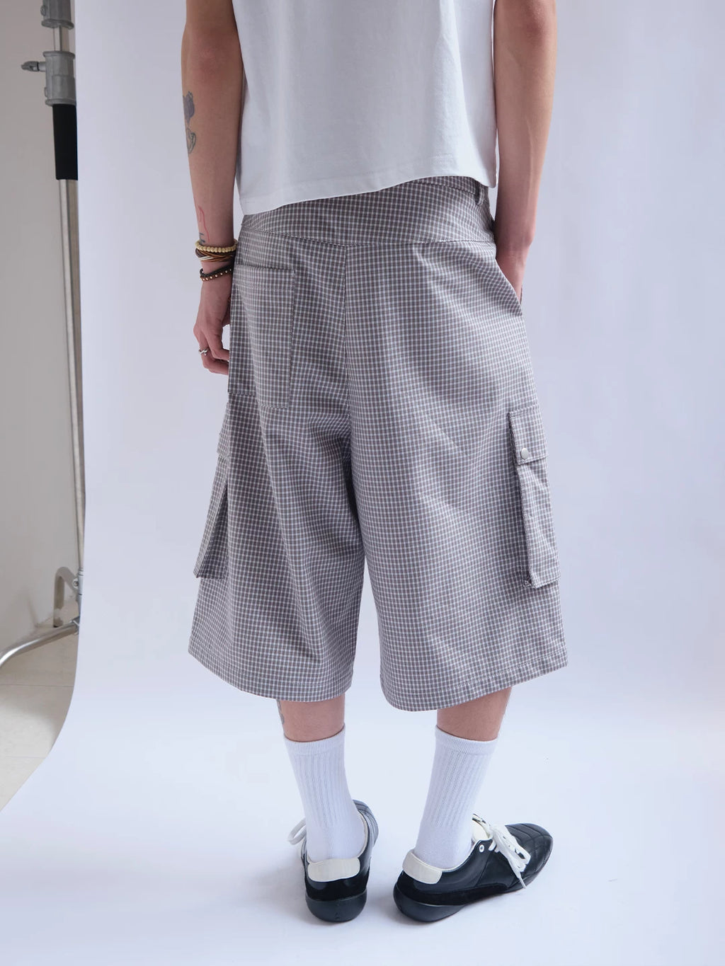 FUNKYFUN Plaid Multi-pocket Wide-leg Six-point Pants