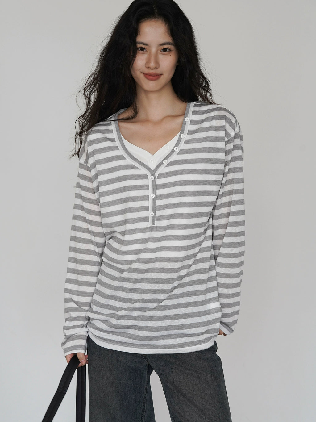 EIGHTHMONTH Lazy Wind Striped V-neck Button Long Sleeve