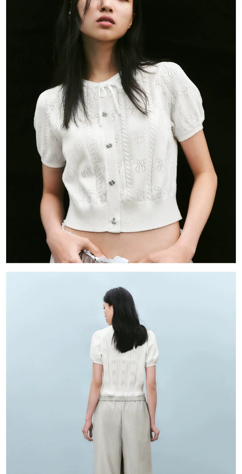 URBAN REVIVO Bow Texture Lace-up Short-sleeved Knitted Sweater