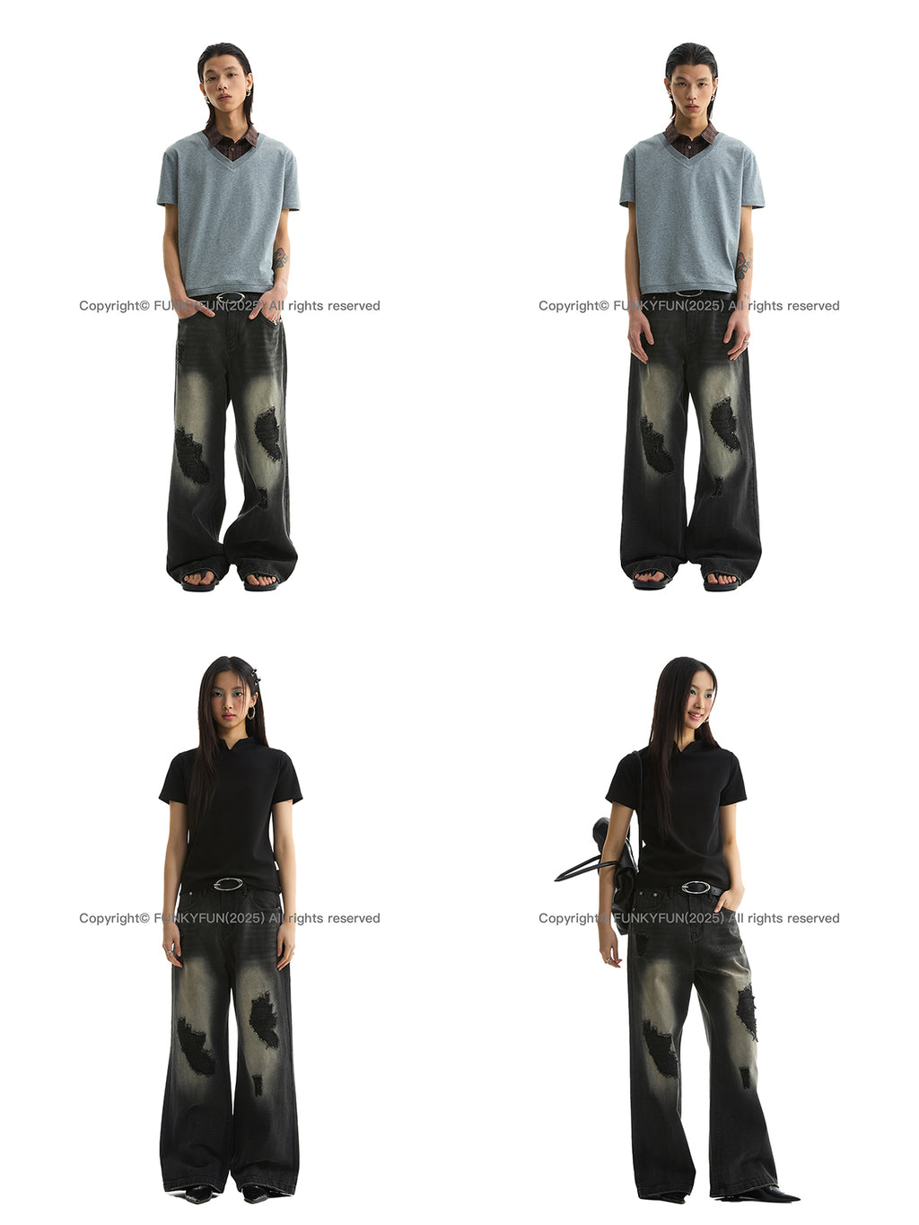 FUNKYFUN Irregular Ripped Patch Straight Jeans