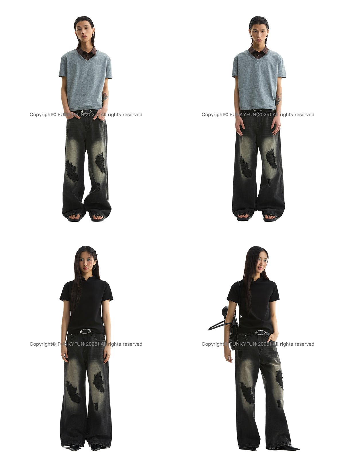 FUNKYFUN Irregular Ripped Patch Straight Jeans