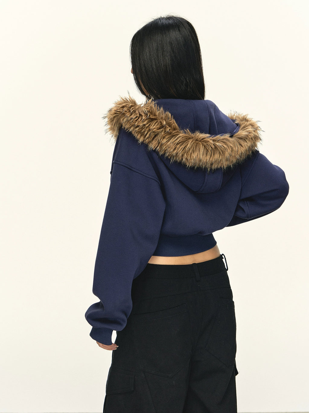 Anna Aneae Hooded Zip Fur Collar Slim Fit Short Jacket