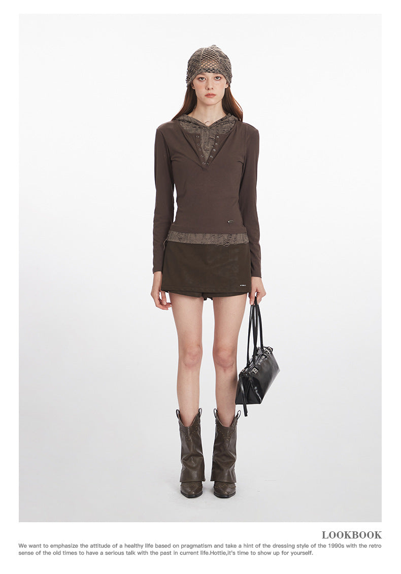 Nariele Fake Two-Piece Hooded Ripped Slim Long Sleeve