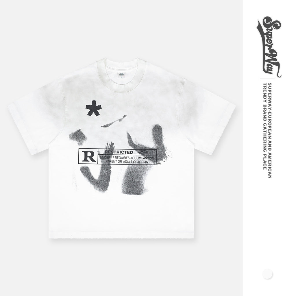 SUPER WAY Letter Printing Gradual Change Spray Color Casual Tee