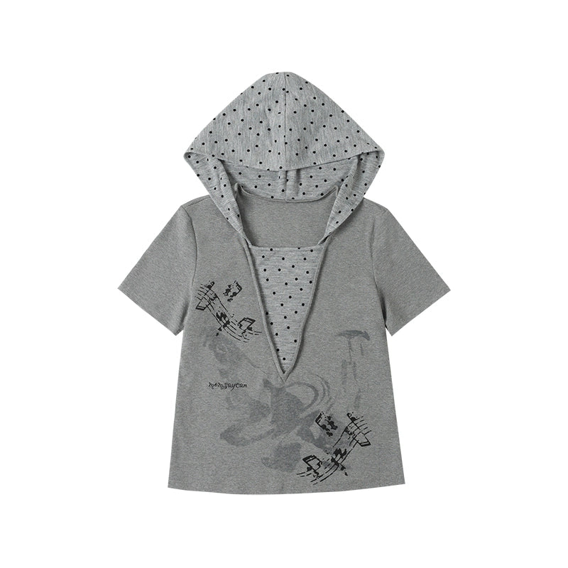 MOMSAYCAN Loose Polka Dot Fake Two-piece Hooded Short Sleeve