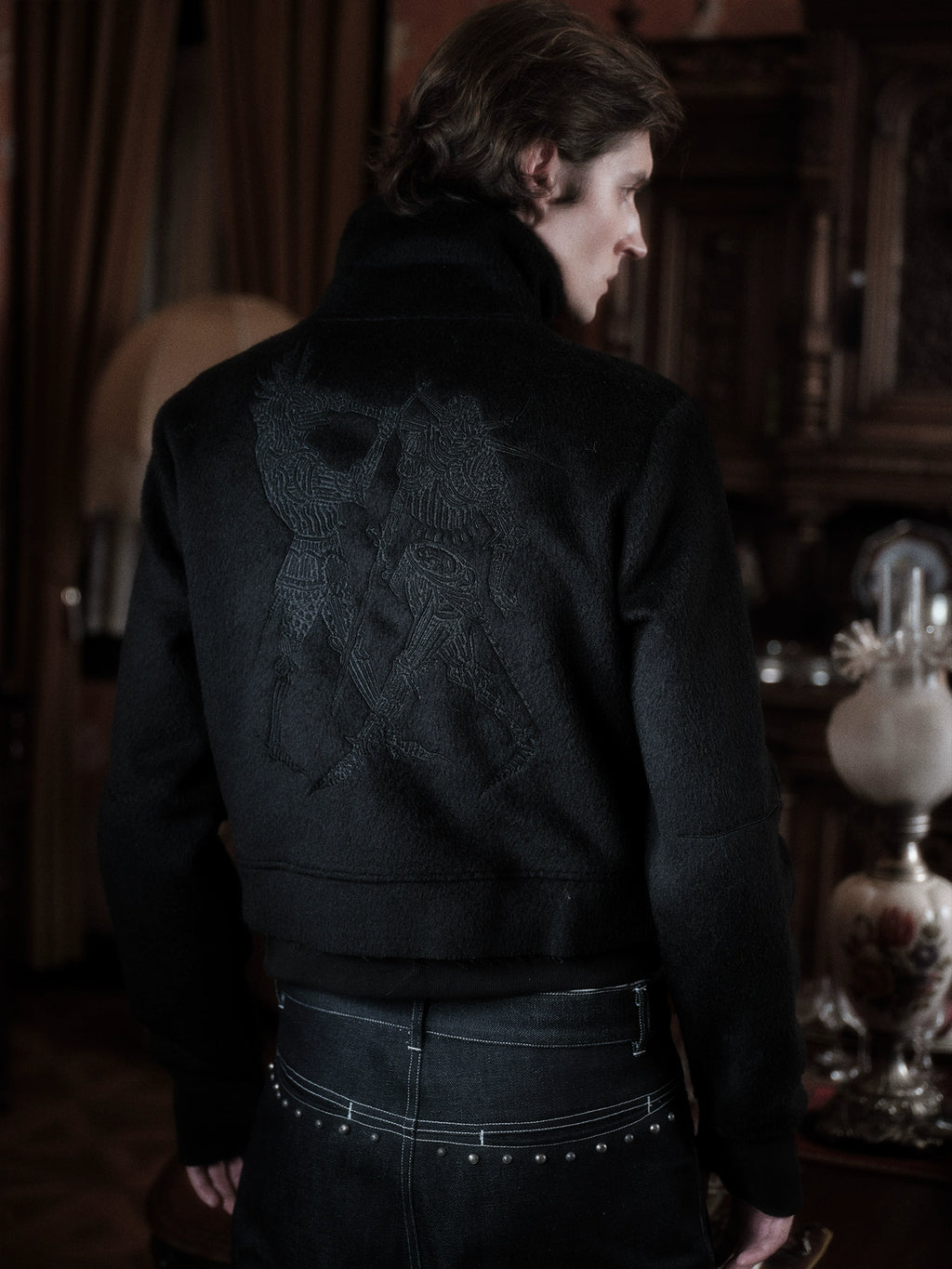 WANNA LAB Stand-up Collar Embroidered Woolen Short Plush Zip Jacket