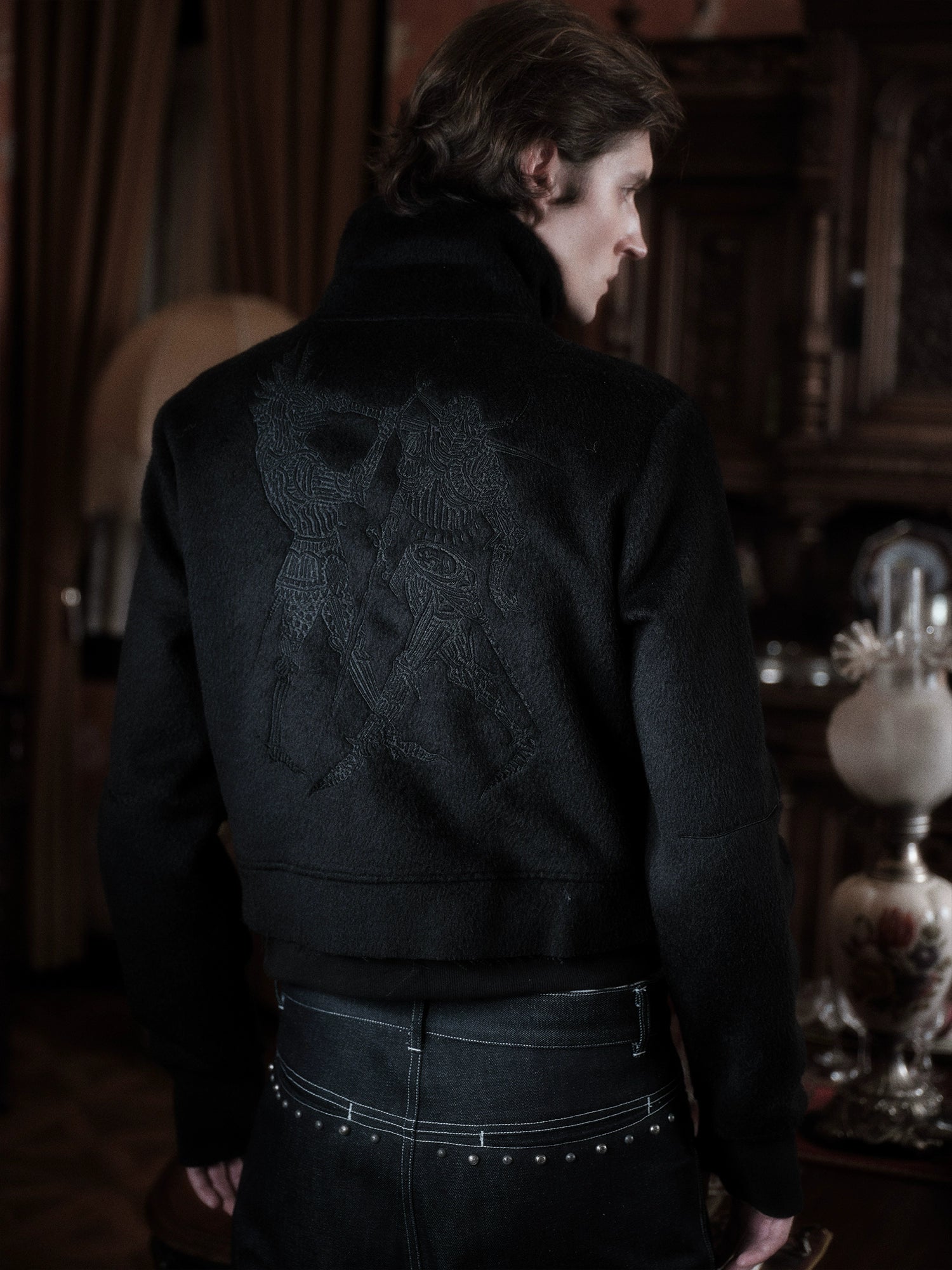 WANNA LAB Stand-up Collar Embroidered Woolen Short Plush Zip Jacket