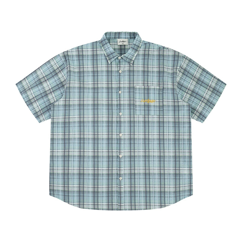 CoosRetro Embroidered Plaid Short Sleeve Shirt