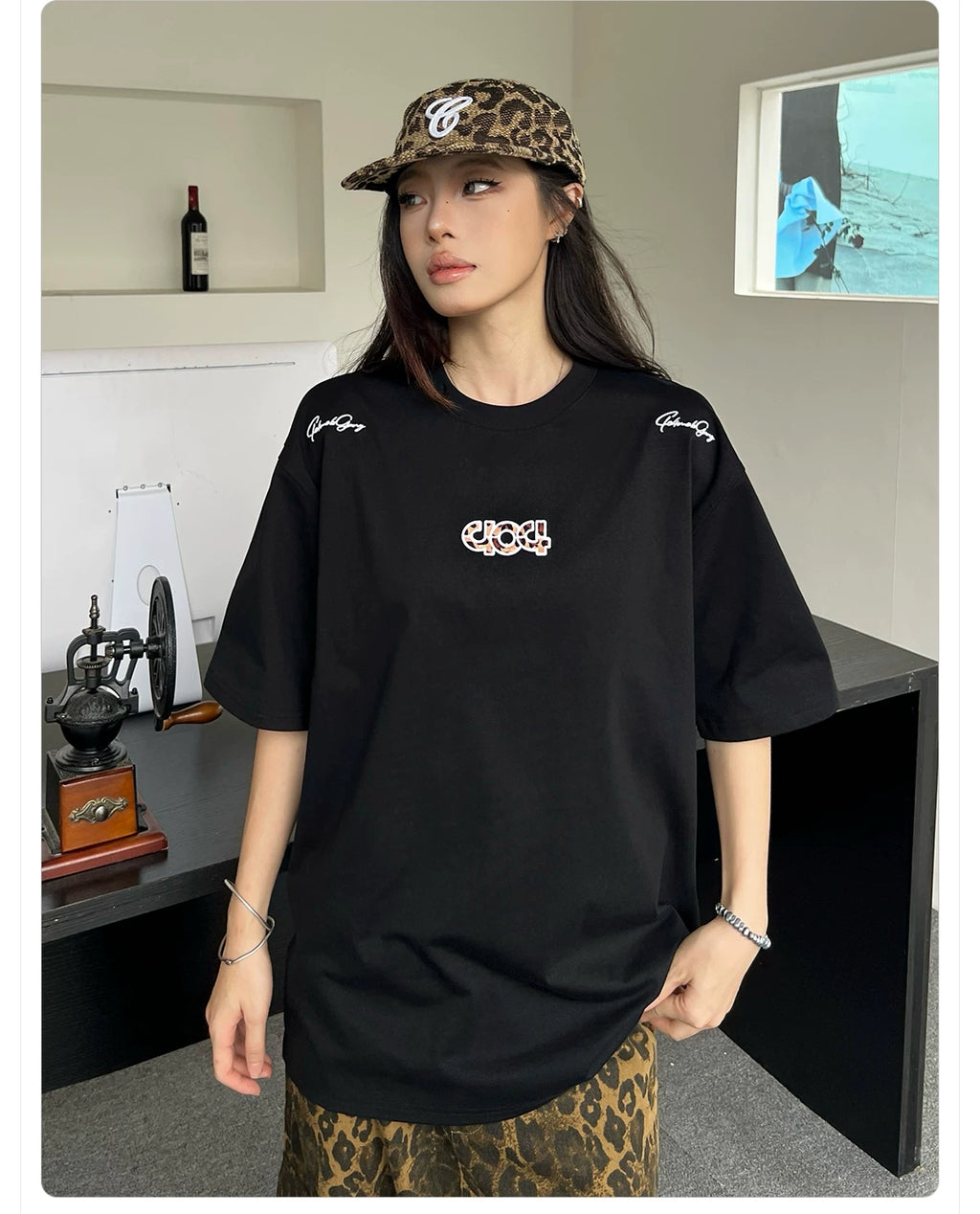 404MOB Leopard Print Alphabet Embroidered Round Neck Versatile Tee