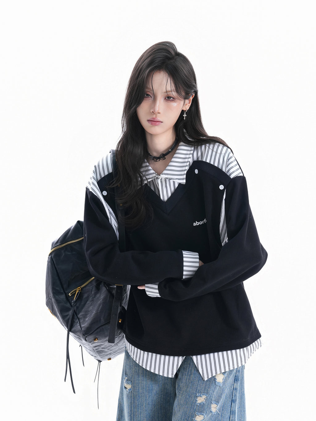 Zuocisankon College Style Fake Two-piece Splicing Sweater
