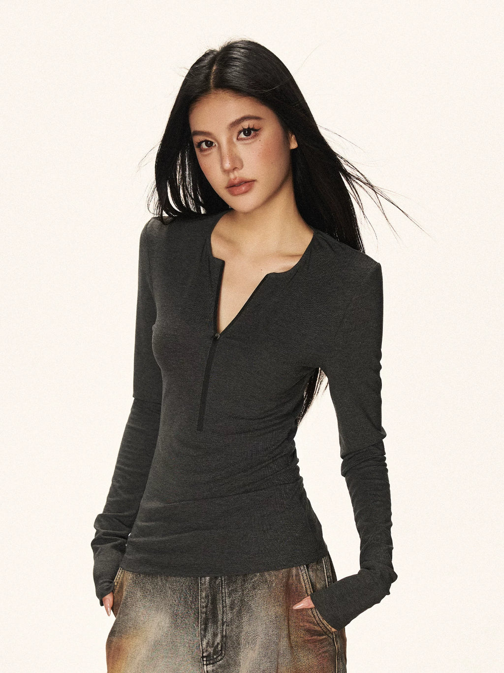 Cherry Melody Vintage Tencel V-neck Zipper Long Sleeve