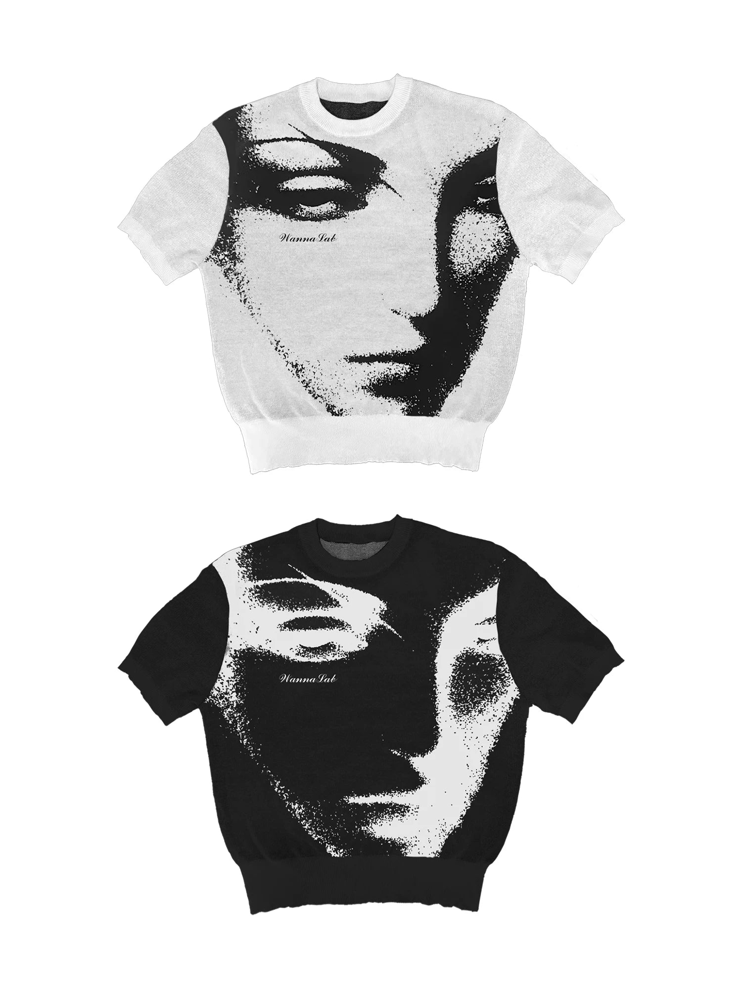 WANNA LAB Face Jacquard Front Shoulder Waist Knitted Tee