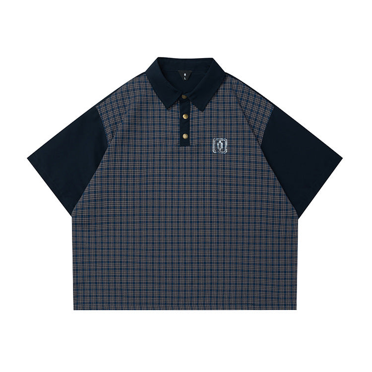 OVDY Plaid Splicing Contrasting Color Retro Polo Shirt