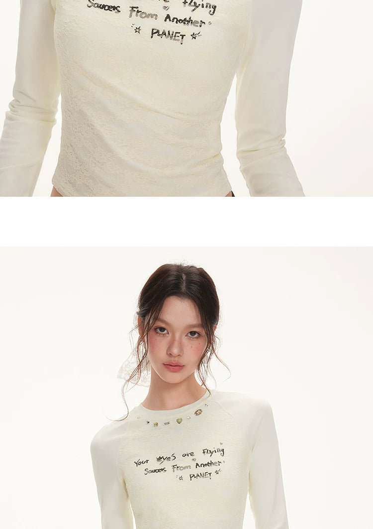 IMONE Letter Print Crew Neck Slim Sleeve