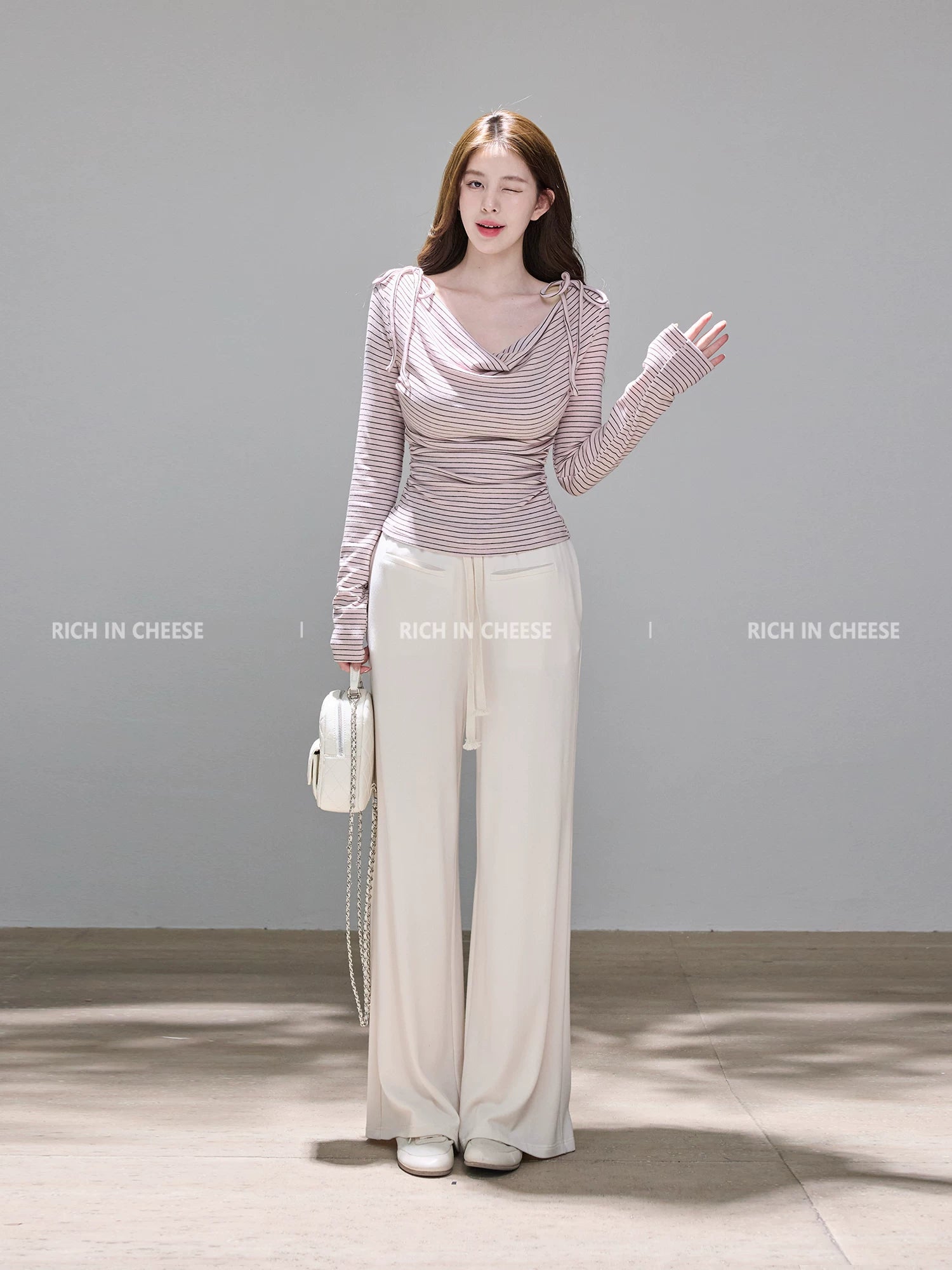 RICH IN CHEESE Striped Bow Knitted Long Sleeve