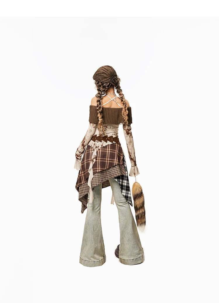 Arielink Retro Tie-dye Mesh Horn Sleeve One-word Shoulder Long Sleeve