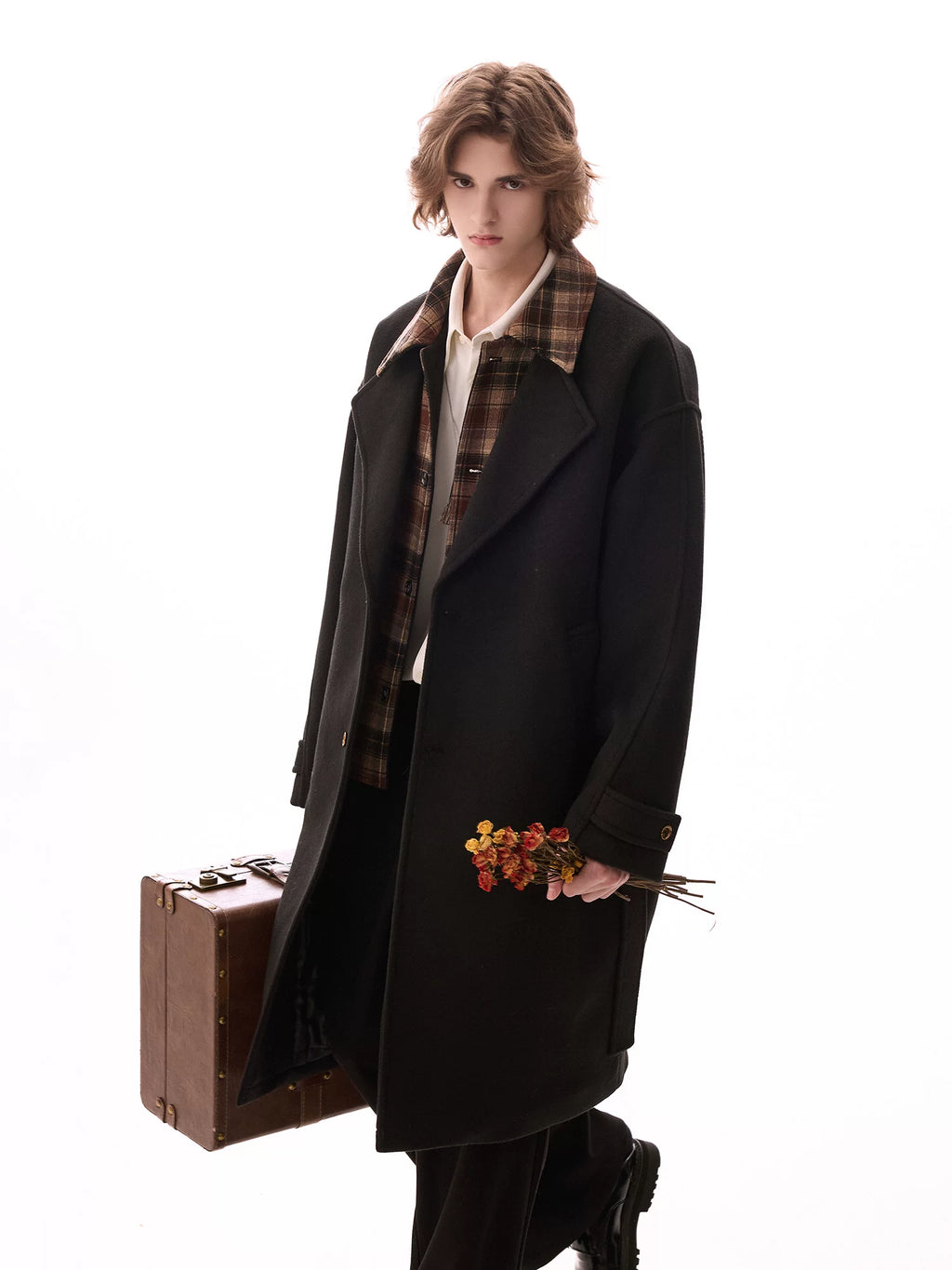 CHOR Casual Plaid Stitching Fake Two-piece Woolen Jacket