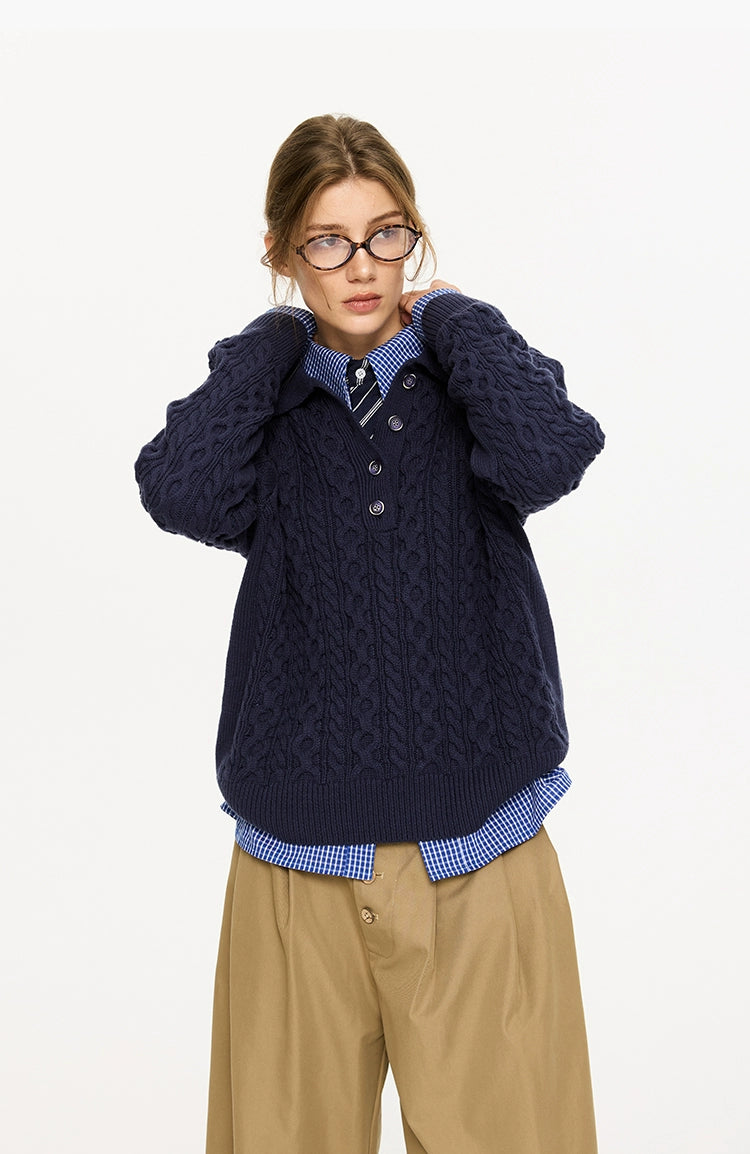 KREATE Twist Lapel Three-dimensional Twisted Polo Sweater