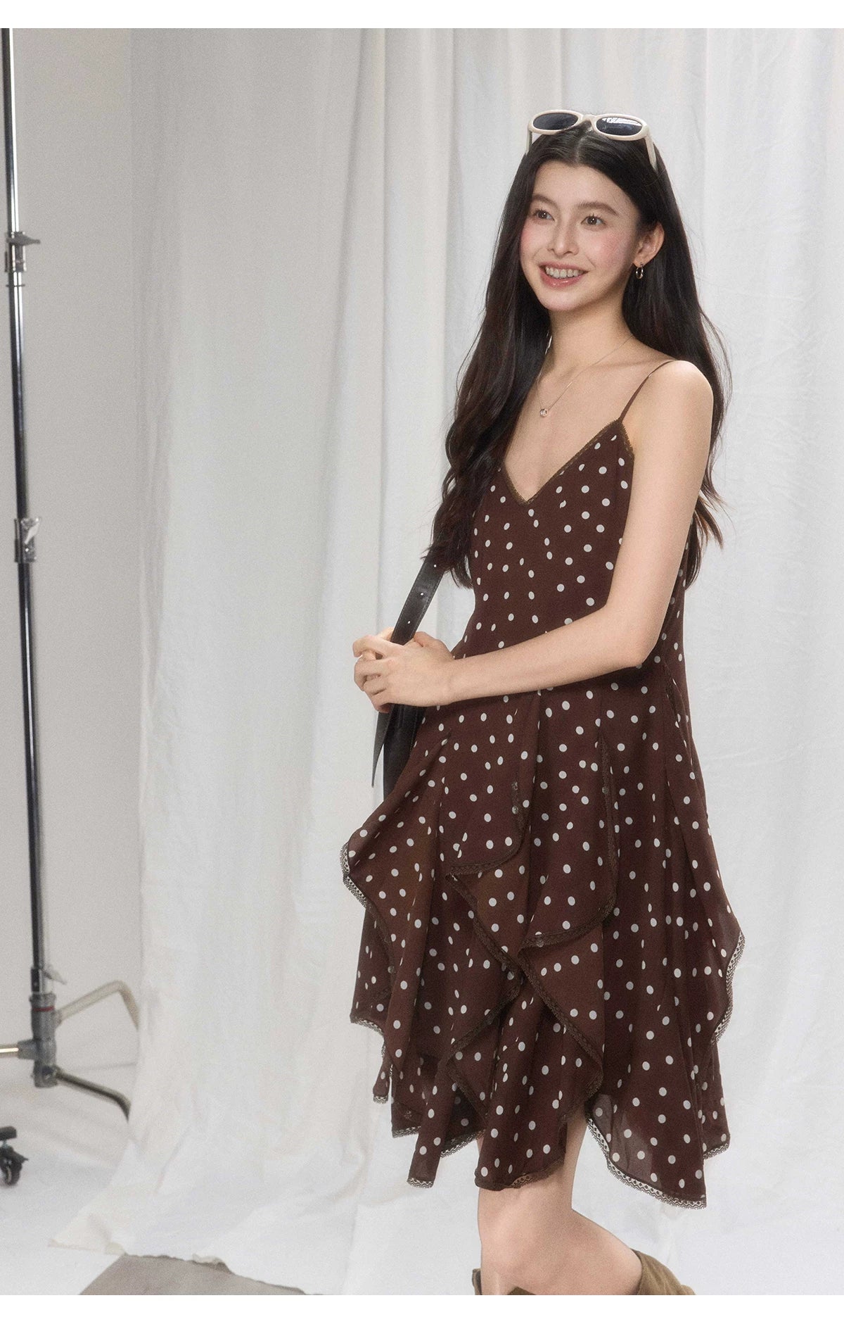TYANG Retro Polka Dot Irregular Suspender Skirt