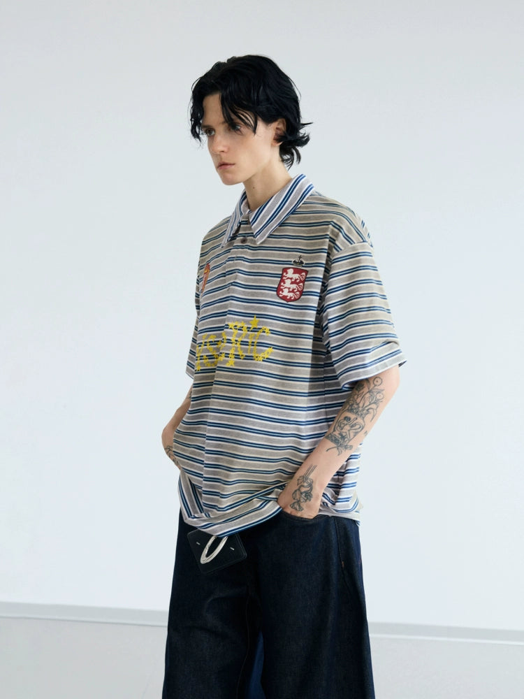 PEOPLESENSE Stripe Spray Dirty Old Resin Buckle POLO Collar Tee