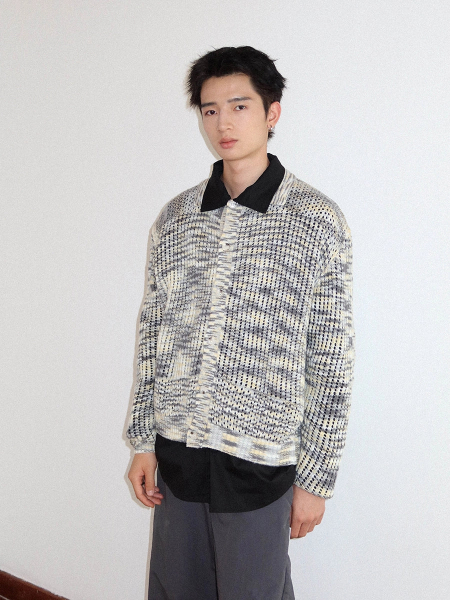 FUNKYFUN Lapel Cardigan Rhombus Hollow-knit Long-sleeved Sweater