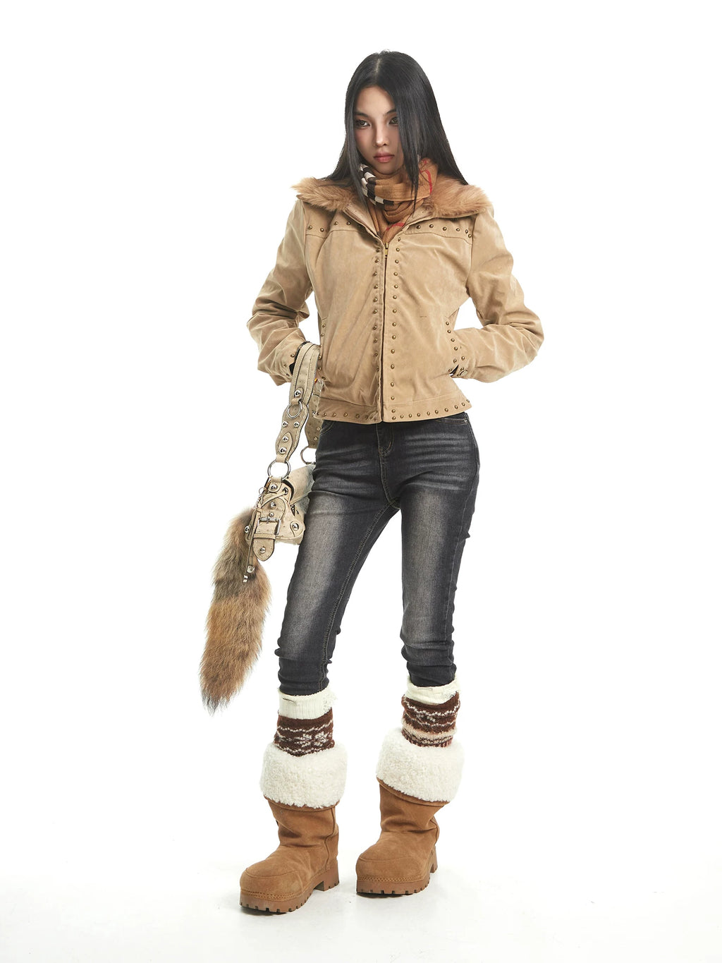 UNCMHISEX Suede Fleece Rivet Plush Lapel Padded Jacket