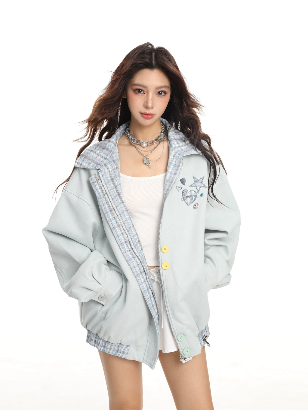 KDASE Plaid Lapel Embroidered Baseball Jersey