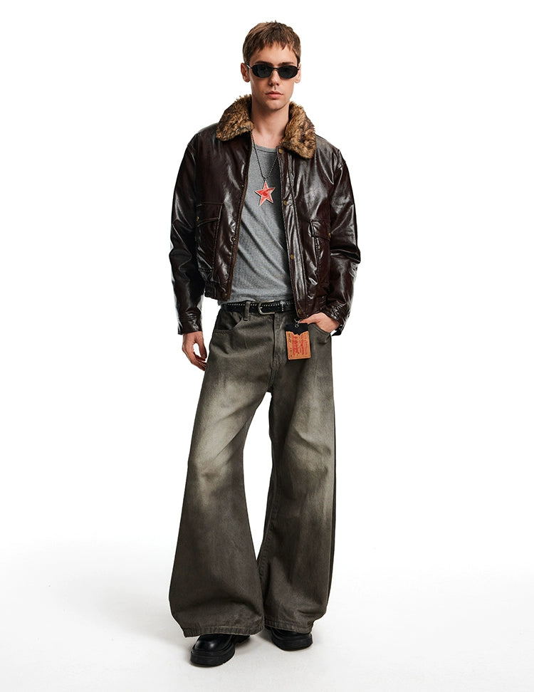 MADWITCH Retro Stitching Fur Collar PU Leather Jacket Cotton Jacket