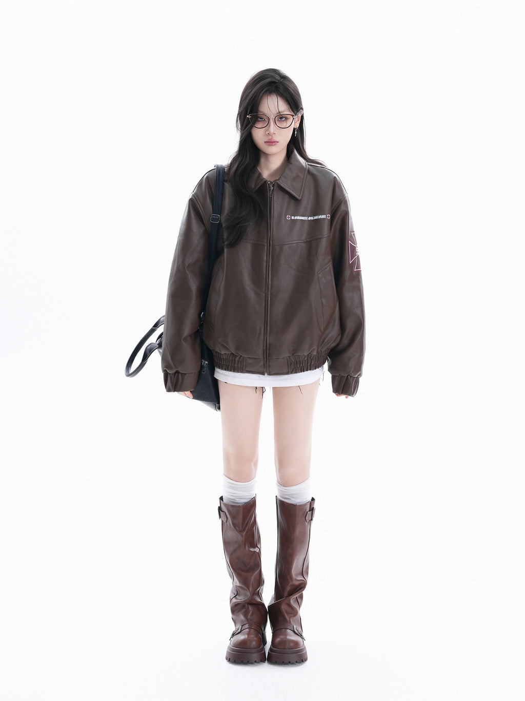 Zuocisankon Vintage Embroidered Pu Leather Jacket